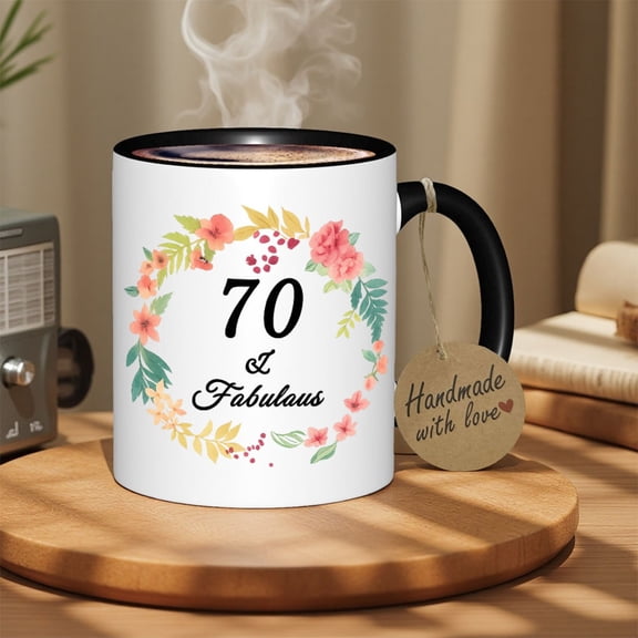 70th Birthday & Christmas Ceramic Mug - 11oz 70 Year Gift with Age Number, Pink/Green Floral Wreath & Female/Male Icons - Dishwasher-Safe Coffee Cup for Women, Men, Him, Her (70th Birthday Party Supp