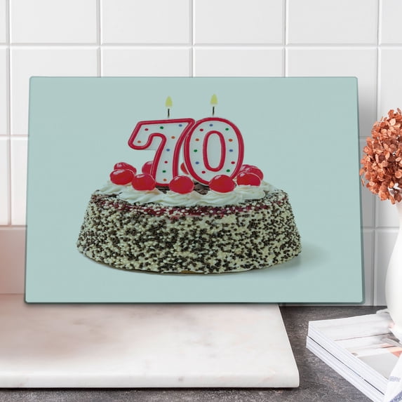 70th Birthday Cutting Board, Cake 70 Number Candles and Sprinkles Party Themed Event Photo Image, Decorative Tempered Glass Cutting and Serving Board, Large Size, Multicolor, by Ambesonne