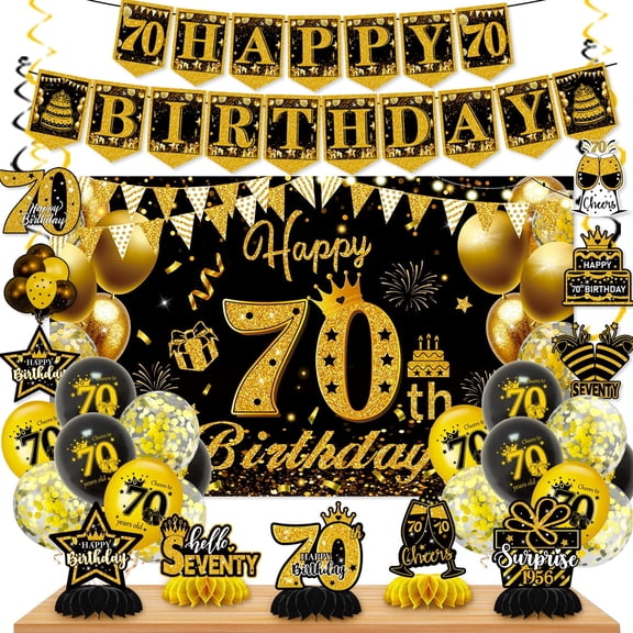 70th Birthday Decoration Kit for Men Women, Black Gold Happy 70th Bday Banner Balloons Honeycomb Centerpiece Swirl Party Supplies, 70th Bday Sash Table Cake Topper Swirls Set