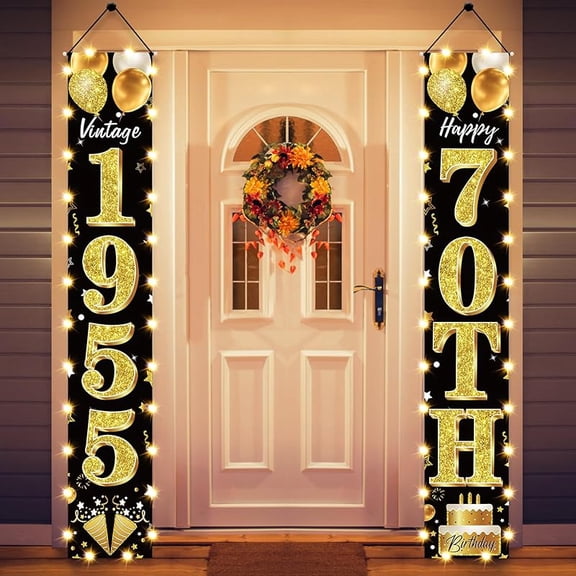 70th Birthday Decorations Lighted Banner for Men and Women - Black Gold Vintage 1955 70th Birthday Door Banners with LED Light, Seventy Years Bday Party Supplies for Indoor Outdoor Decor