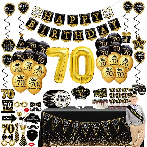 70th Birthday Decorations for Men - (76pack) Black Gold Party Banner, Pennant, Hanging Swirl, Birthday Balloons, Tablecloths, Cupcake Topper, Crown, Plates, Photo Props, Birthday Sash for Gifts Men