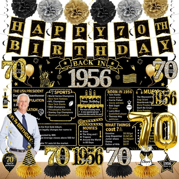 70th Birthday Decorations for Men Women, 1956 Bday Party Supplies, 21pcs Black Gold 70th birthday Banner Balloon, Backdrop, Honeycomb Centerpieces, Hanging Swirl, Sash, Photo Booth Props