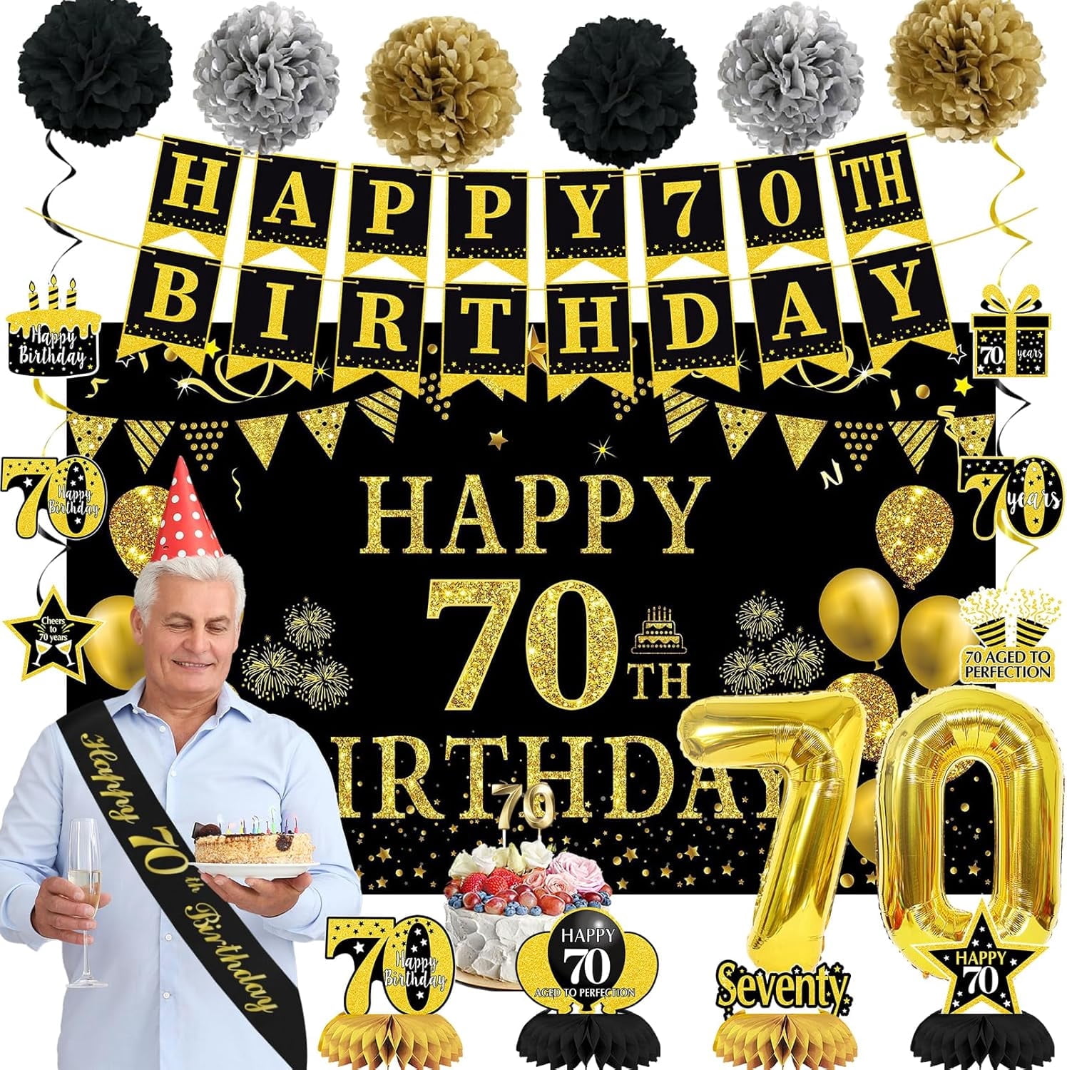 70th Birthday Decorations for Men Women, 22pcs Black Gold Birthday Party Supplies, Banner, Hanging Swirl Flag, 70th Sash&Pompoms, Balloons, 70 Year Old Party Decorations Set
