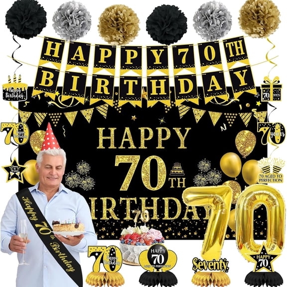 70th Birthday Decorations for Men Women, 22pcs Black Gold Birthday Party Supplies, Banner, Hanging Swirl Flag, 70th Sash&Pompoms, Balloons, 70 Year Old Party Decorations Set