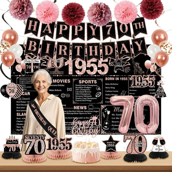 70th Birthday Decorations Set, Rose Gold Vintage Happy 70th Birthday Party Decorations for Women, Back in 1955 Backdrop, Cake Topper, Balloon, Banner, Honeycomb Centerpieces & Sash