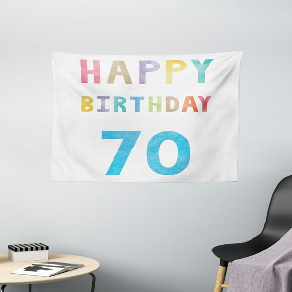 70th Birthday Decorations Tapestry, Vintage Worn Abstract 70 Happy Birthday Party Quote Art Print, Wall Hanging for Bedroom Living Room Dorm Decor, 60W X 40L Inches, Multicolor, by Ambesonne