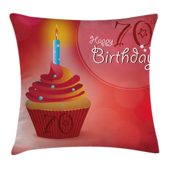 70th Birthday Decorations Throw Pillow Cushion Cover, Abstract Sun Beams Like Backdrop with Party Cupcake Image, Decorative Square Accent Pillow Case, 24 X 24 Inches, Red and Orange, by Ambesonne