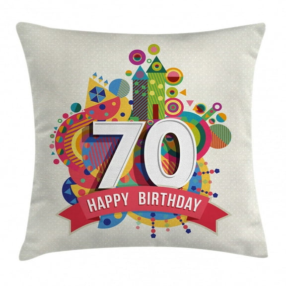 70th Birthday Decorations Throw Pillow Cushion Cover, Modern Geometric Design Colorful Backdrop Castle Shapes Party, Decorative Square Accent Pillow Case, 16 X 16 Inches, Multicolor, by Ambesonne