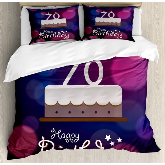 70th Birthday Duvet Cover Set, Cartoon Style Birthday Party Delicious Yummy Cake Abstract Backdrop, Decorative 3 Piece Bedding Set with 2 Pillow Shams, Queen Size, Purple and Lilac, by Ambesonne