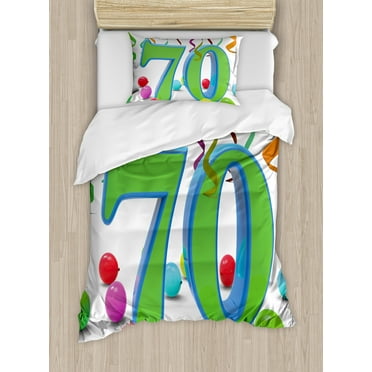 70th Birthday Duvet Cover Set, House Party Theme with Colorful Balloons and Curls Fun Event Image, Decorative 2 Piece Bedding Set with 1 Pillow Shams, Twin Size, Fern Green and Blue, by Ambesonne