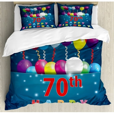 70th Birthday Duvet Cover Set King Size, Colorful Balloons on Dark Blue Backdrop with the Party Items Artistic Print, Decorative 3 Piece Bedding Set with 2 Pillow Shams, Multicolor, by Ambesonne