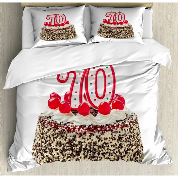 70th Birthday Duvet Cover Set Queen Size, Birthday Cake with 70 Number Candles and Sprinkles Party Event Photo Image, Decorative 3 Piece Bedding Set with 2 Pillow Shams, Multicolor, by Ambesonne