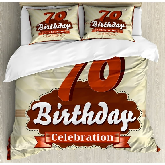 70th Birthday Duvet Cover Set, Vintage Candy Store Inspired Design 70 Years Old Birthday Celebration, Decorative 3 Piece Bedding Set with 2 Pillow Shams, King Size, Brown and Cinnamon, by Ambesonne