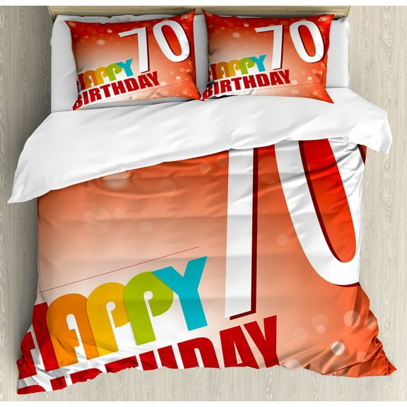70th Birthday Duvet Cover Set, Vivid Colored Abstract Party Happy Birthday Slogan Image Print, Decorative 3 Piece Bedding Set with 2 Pillow Shams, King Size, Red and Orange, by Ambesonne