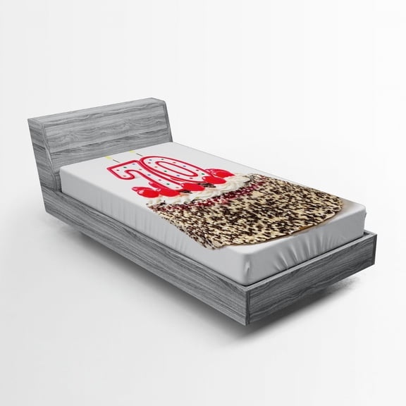 70th Birthday Fitted Sheet, Cake 70 Number Candles and Sprinkles Party Themed Event Photo Image, Soft Decorative Fabric Bedding, Twin Size, Multicolor, by Ambesonne