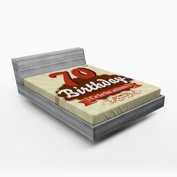 70th Birthday Fitted Sheet, Vintage Candy Store Inspired Design 70 Years Old Birthday Celebration, Soft Decorative Fabric Bedding, Full Size, Brown and Cinnamon, by Ambesonne