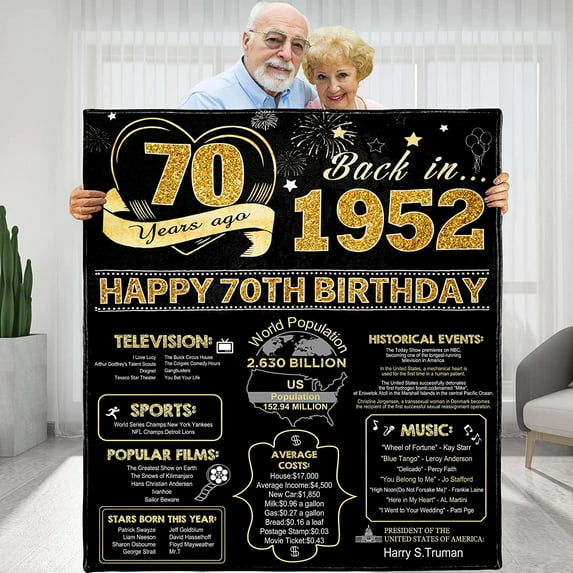 70th Birthday Gift for Men Throw Blanket, Perfect 1952 Anniversary Birthday Gifts Ideas for Husband Dad Friends, Gold Blanket Back in 1952 70 Years Ago Birthday Gifts