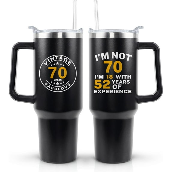 70th Birthday Gifts for Him Her - Birthday Tumbler for Women Men Dad Mom - 40 OZ Stainless Steel Cup Travel Mug Water Bottle with Handle and Straw - The Best Birthday Gift Ideas