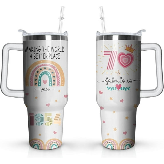 70th Birthday Gifts Cup, 40 Oz Stainless Steel Tumbler with Handle & Straw, 70 Year Old Birthday Gifts for Women Coffee Mug, 70th Birthday Decorations for Women, Happy 70th Birthday Gifts for Women