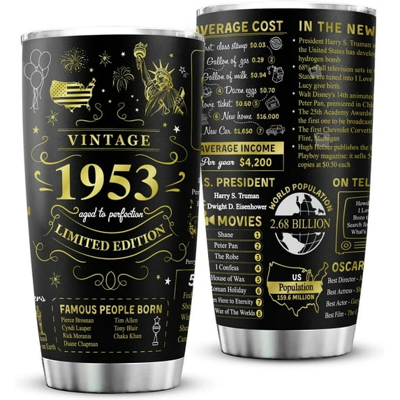 70th Birthday Gifts for Men Women Friends Vintage 1953 Tumblers 70 Year Old Birthday Supplies Vintage 1953 Back in 1953 Old Time Information Stainless Steel Vacuum Insulated Tumblers 20 oz