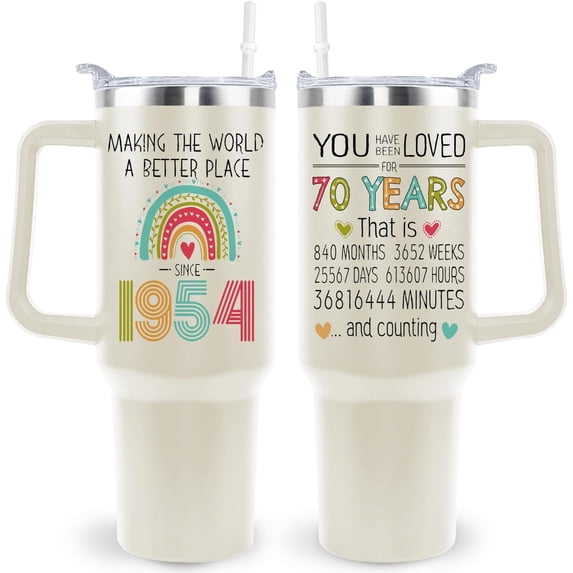 70th Birthday Gifts for Men Women 70 Year Old 1954 Birthday Gift Ideas for Dad Mom 40oz Tumbler Cup With Handle