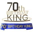 thumbnail image 1 of 70th Birthday King Crown & Sash Set - Majesty Gold & Black Metal Crown + Blue & Gold Sash, Theme Party Gifts, 1 of 10