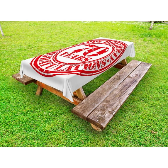 70th Birthday Outdoor Tablecloth, 70 Years Congrats Symbol Icon Grunge Looking Stamp in Vintage Old Design, Decorative Washable Fabric Picnic Tablecloth, 58 X 104 Inches, Red and White, by Ambesonne