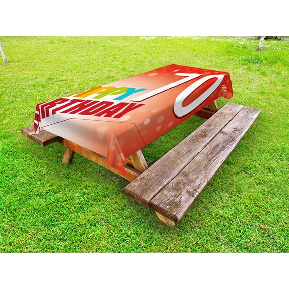 70th Birthday Outdoor Tablecloth, Vivid Colored Abstract Backdrop with Happy Birthday Slogan Image Print, Decorative Washable Fabric Picnic Table Cloth, 58 X 84 Inches,Red and Orange, by Ambesonne