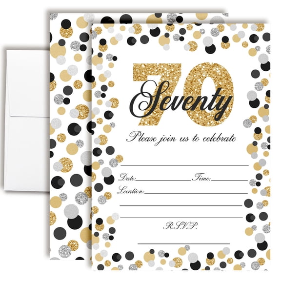 70th Birthday Party Invitations Gold & Silver Confetti Design, Fill-In Cards with Envelopes, 5x7 Size, Set of 20