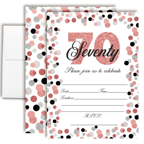 70th Birthday Party Invitations Rose Gold & Silver Confetti Design, Fill-In Cards with Envelopes, 5x7 Size, Set of 20