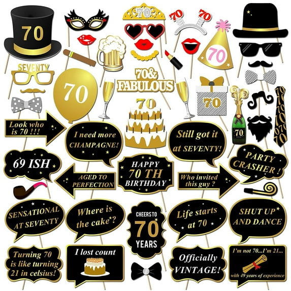 70th Birthday Party Photo Booth Props with Stick (100Counts) for Her Him Funny Chic 60th Birthday Black and Gold Decorations, Konsait 70 Happy Birthday Party Favors Supplies for Adults Men and Women
