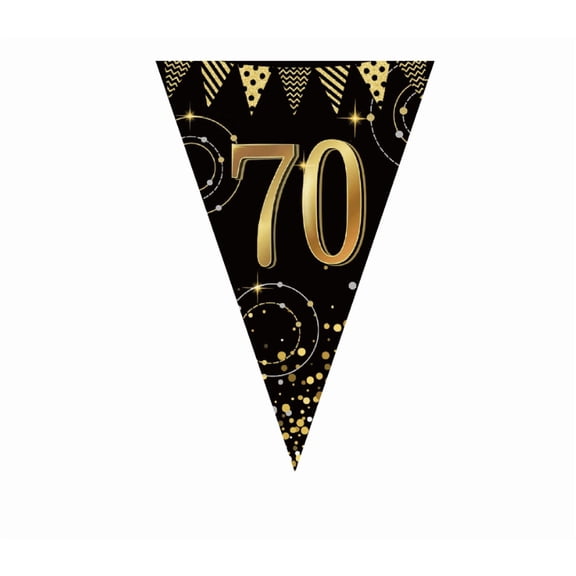 70th Birthday Pennant Flag Banner, Black and Gold, Party Decoration, Milestone Celebration Theme