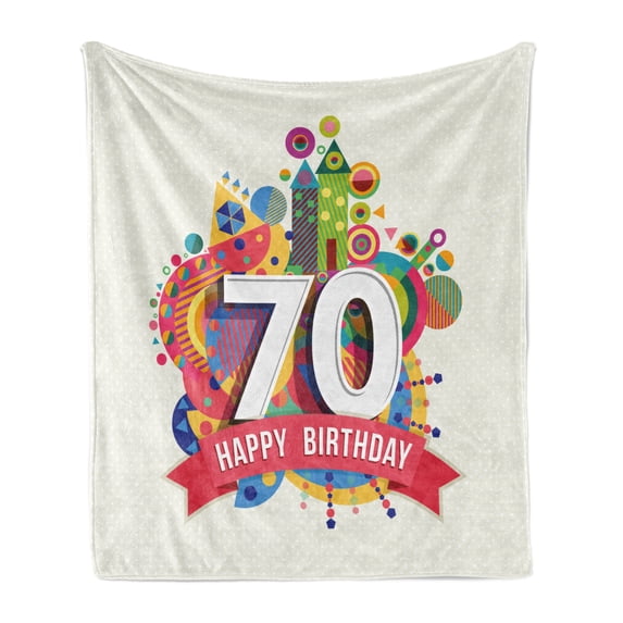 70th Birthday Soft Flannel Fleece Blanket, Modern and Geometrical Design on Colorful Backdrop with Castle Shapes Party, Cozy Plush for Indoor and Outdoor Use, 50" x 70", Multicolor, by Ambesonne