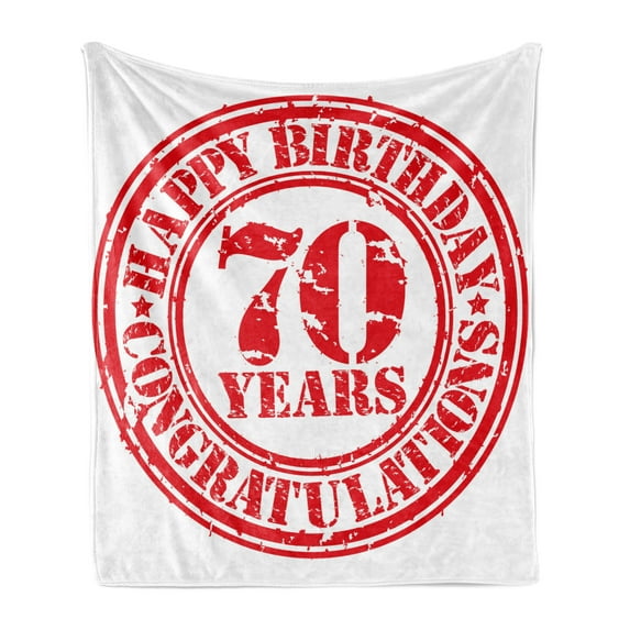 70th Birthday Soft Flannel Fleece Throw Blanket, 70 Years Congrats Grunge Looking Stamp in Vintage Old Design, Cozy Plush for Indoor and Outdoor Use, 60" x 80", White Red, by Ambesonne