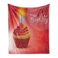 thumbnail image 1 of 70th Birthday Soft Flannel Fleece Throw Blanket, Abstract Sun Beams Inspired Backdrop with Surprise Party Cupcake Image, Cozy Plush for Indoor and Outdoor Use, 70" x 90", Red and Orange, by Ambesonne, 1 of 5