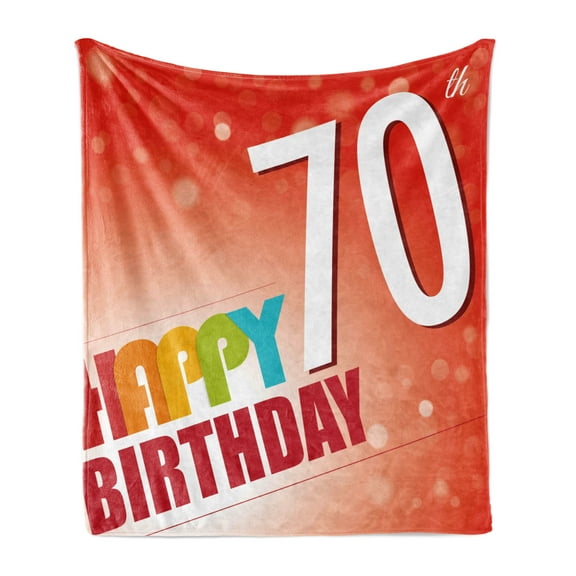 70th Birthday Soft Flannel Fleece Throw Blanket, Vivid Colored Abstract Party Happy Birthday Slogan Image Print, Cozy Plush for Indoor and Outdoor Use, 50" x 60", Red and Orange, by Ambesonne