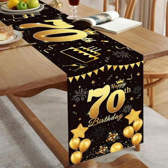 70th Birthday Table Runner Black Gold, NonSlip Dining Linen Cloth, Celebrate Men/Women 70 Years Old Anniversary Party Decorations, 72 Inches Long