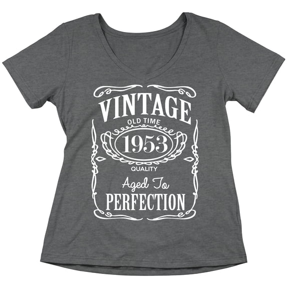 70th Birthday VINTAGE 1953 Women's V-neck, 2XL, Heather Charcoal