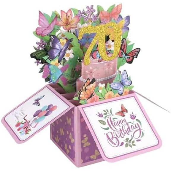 70th Happy Birthday Pop Up Card, Flower & Butterfly Happy Birthday 3D Greeting Card Box with Envelope for Women Wives Mothers Gift$$Office