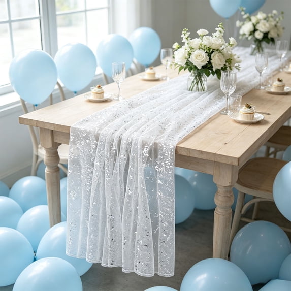 70x200cm Sheer Mesh Table Runner with Gold Foil - European-Style Dining Table Decor for Weddings, Birthday Parties, Gatherings, Events - Polyester Decorative Tablecloth