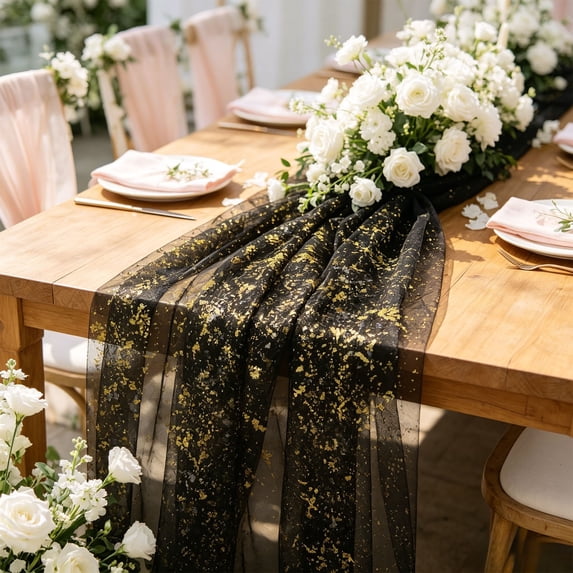 70x200cm Sheer Mesh Table Runner with Gold Foil - European-Style Dining Table Decor for Weddings, Birthday Parties, Gatherings, Events - Polyester Decorative Tablecloth