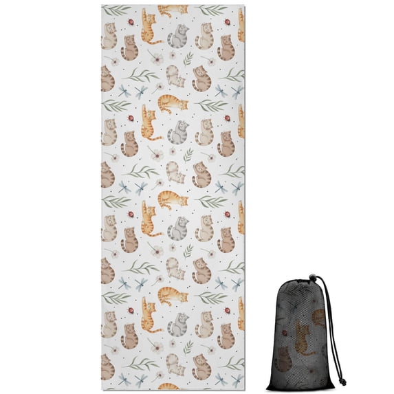 70x26 Inch Yoga Towel, Sweat Absorbent Non-Slip Mat for Hot Yoga, Pilates & Fitness,Cat Floral Insect White Pattern