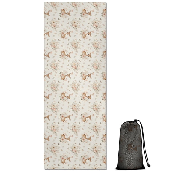 70x26 Inch Yoga Towel, Sweat Absorbent Non-Slip Mat for Hot Yoga, Pilates & Fitness,Deer Floral Bouquet Beige Pattern