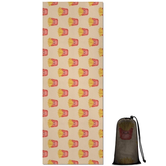 70x26 Inch Yoga Towel, Sweat Absorbent Non-Slip Mat for Hot Yoga, Pilates & Fitness,French Fries Red Box Beige Cute Cartoon Pattern