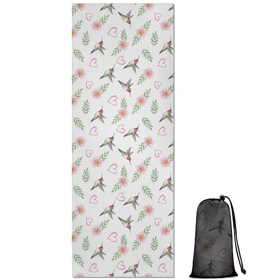 70x26 Inch Yoga Towel, Sweat Absorbent Non-Slip Mat for Hot Yoga, Pilates & Fitness,Hummingbird Floral Heart White Pattern