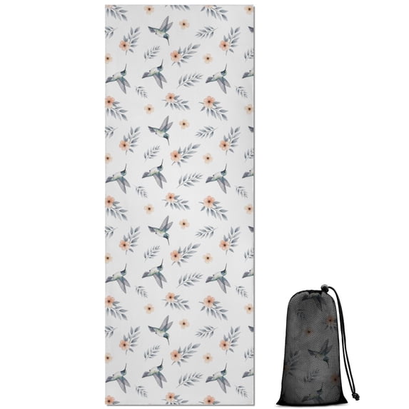 70x26 Inch Yoga Towel, Sweat Absorbent Non-Slip Mat for Hot Yoga, Pilates & Fitness,Hummingbird Floral Leaf White Pattern