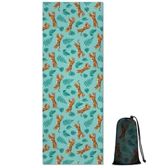 70x26 Inch Yoga Towel, Sweat Absorbent Non-Slip Mat for Hot Yoga, Pilates & Fitness,Tiger Running Leaf Light Teal Pattern