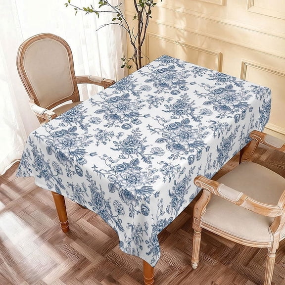 70x52in Vintage Blue Floral Rectangular Tablecloth for Dining Party