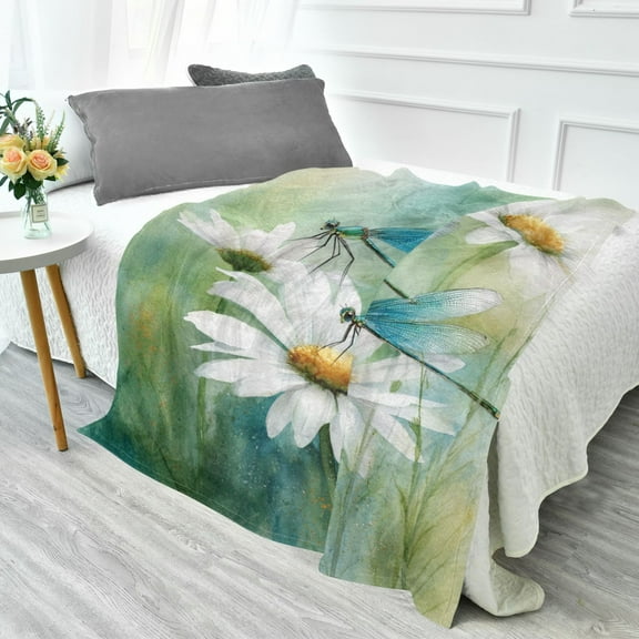 70x55 Inches Glow in The Dark Blanket Cozy Throw Camping Blankets for Home and Outdoor Use Beautiful Dragonflies and Daisies