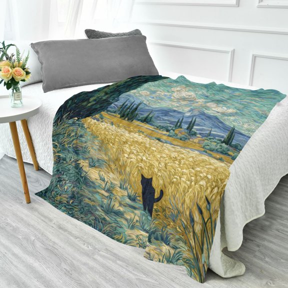 70x55 Inches Glow in The Dark Blanket Cozy Throw Camping Blankets for Home and Outdoor Use Black Cat Walking Fields